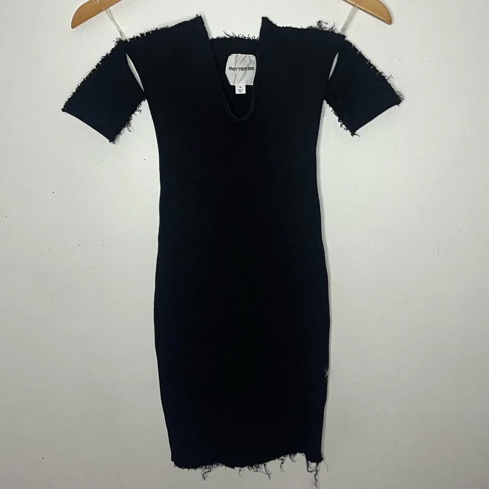 NWT Better Be Ribbed Off The Shoulder Plunge Neck Frayed Bodycon Dress Sz Medium - Picture 6 of 8